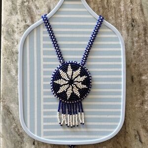 White and Blue Seed Bead Medallion Necklace